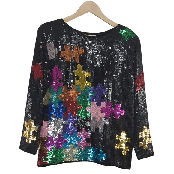 Ellen Boyd Tops - Vintage 80's Sequin Puzzle Piece Silk Colorful Blouse Glass Bead RARE Autism Med